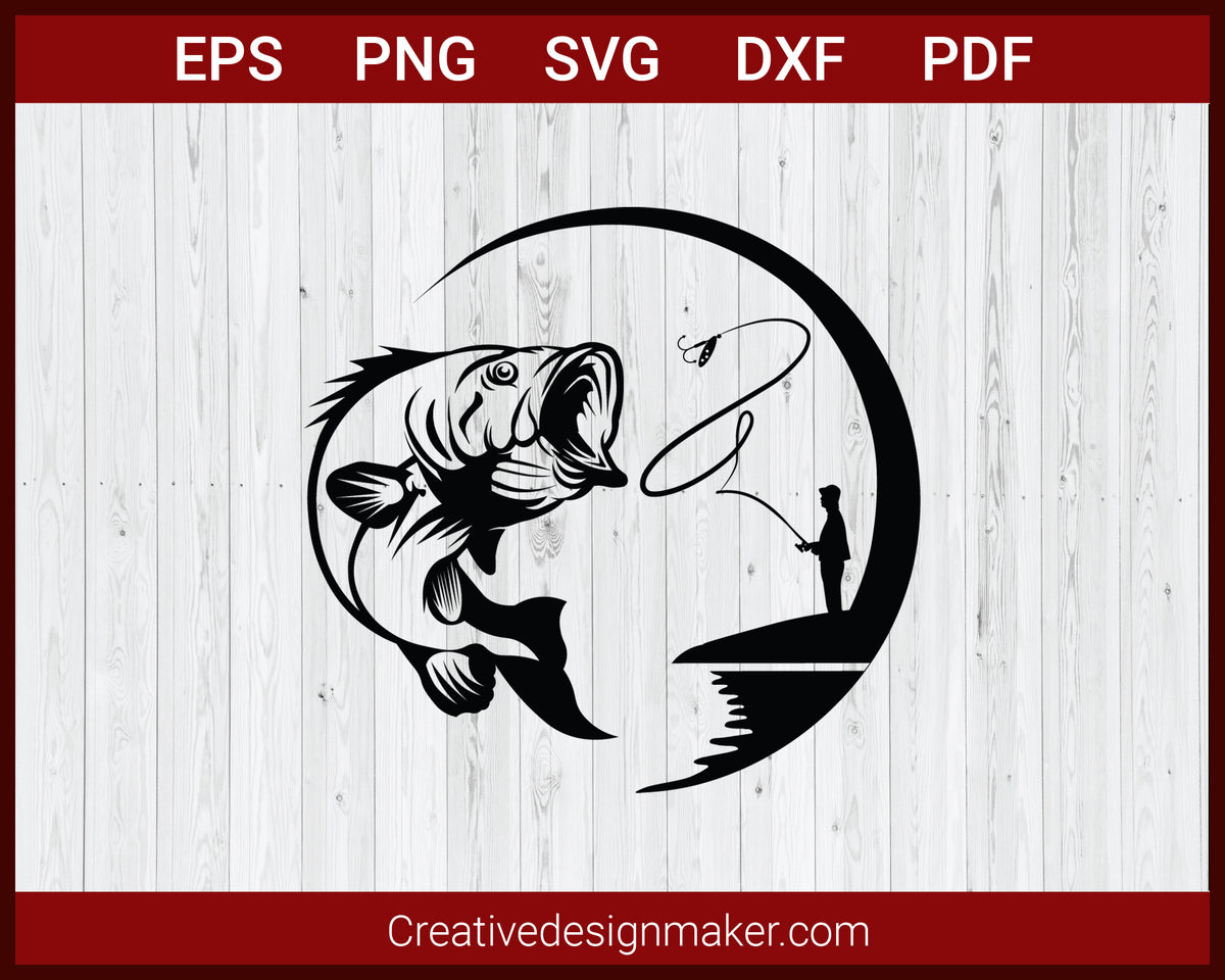 Fisherman Catching Fish SVG Cricut Silhouette DXF PNG EPS Cut File
