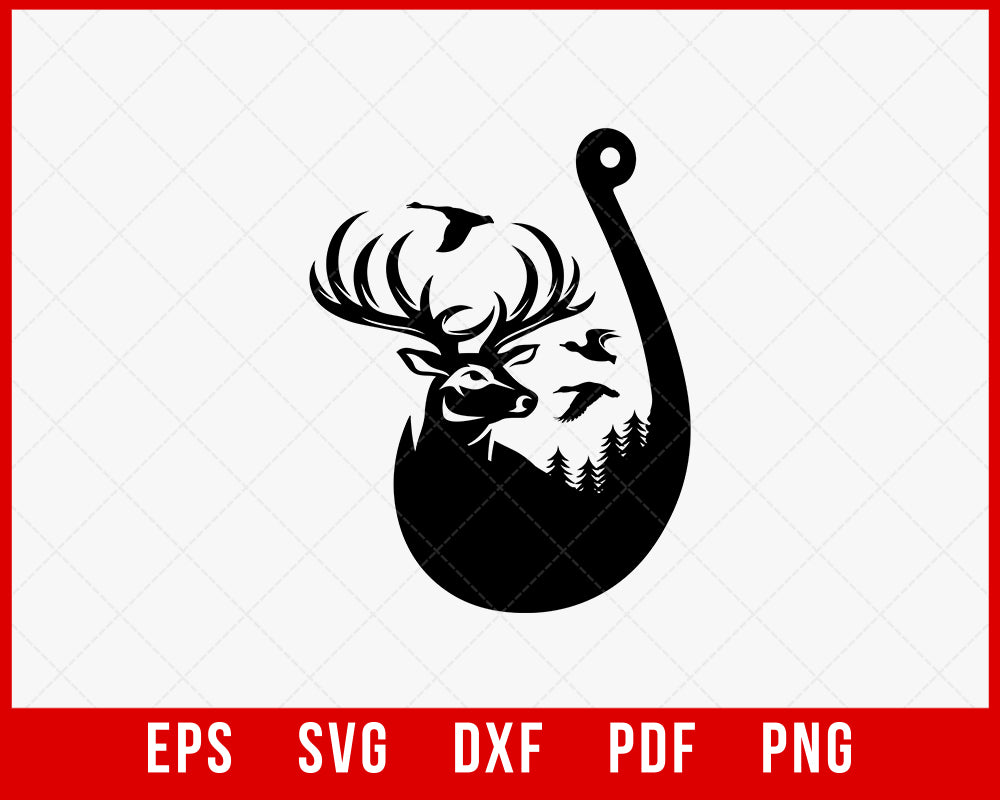 deer head with fish hook horns Duck Deer and Hook Outdoor SVG Cutting File