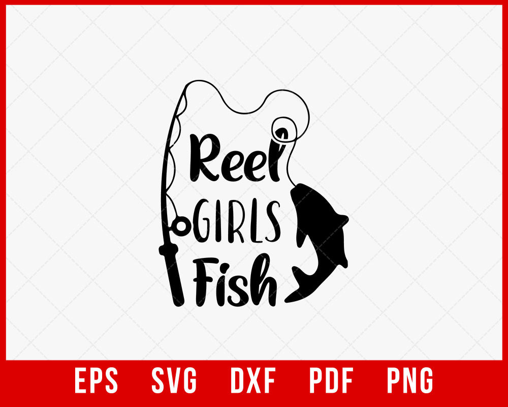 black and white lip art fish reel Reel Girls Fish T-Shirt Design Fishing SVG