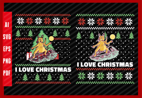 Animal Surfing Funny Summer Design, I Love Christmas T-Shirt Design Eps, Ai, Png, Svg and Pdf Printable Files
