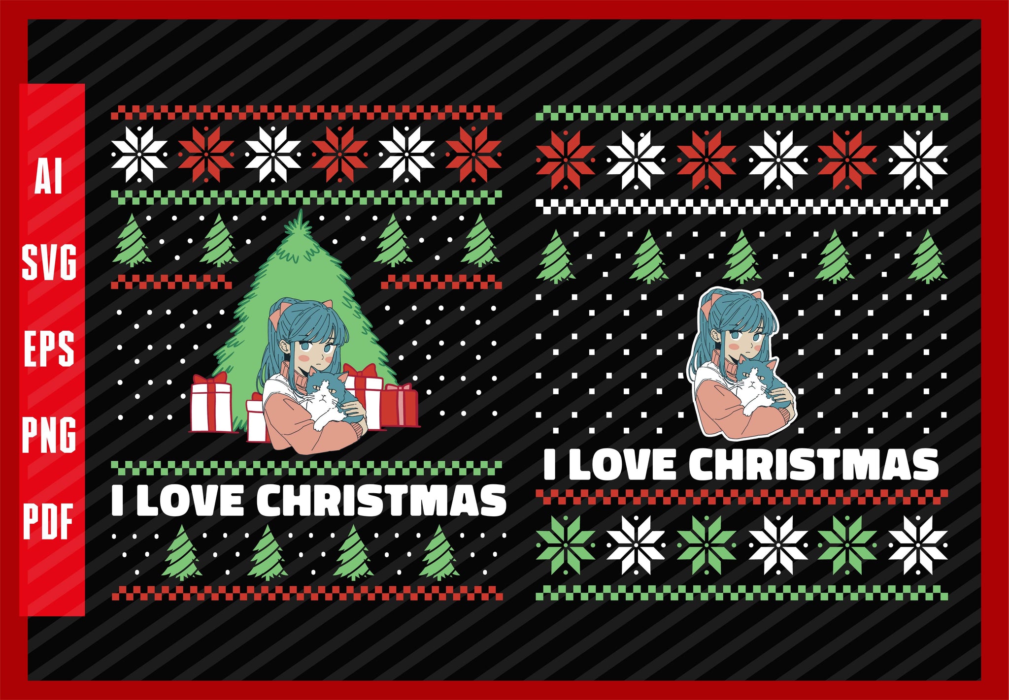 Anime Girl with a Cat Lover Design, I Love Christmas T-Shirt Design Eps, Ai, Png, Svg and Pdf Printable Files