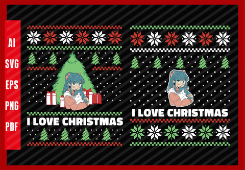 Anime Girl with a Cat Lover Design, I Love Christmas T-Shirt Design Eps, Ai, Png, Svg and Pdf Printable Files