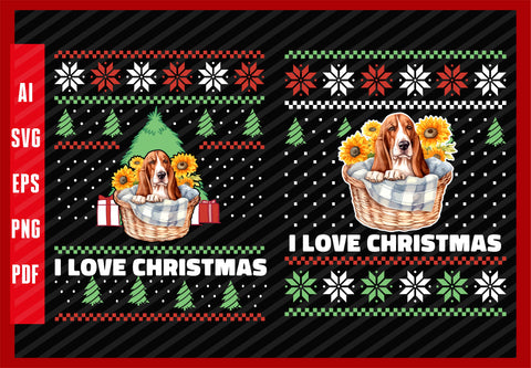 Basset Hound Dog Animal Sunflowers Design, Dog Lover, I Love Christmas T-Shirt Design Eps, Ai, Png, Svg and Pdf Printable Files