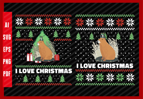 Capybara and Frog Animals Lover Funny Design, I Love Christmas T-Shirt Design Eps, Ai, Png, Svg and Pdf Printable Files