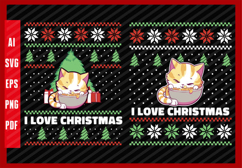 Cat Sleeping in Cereal Food Lover Design, I Love Christmas T-Shirt Design Eps, Ai, Png, Svg and Pdf Printable Files