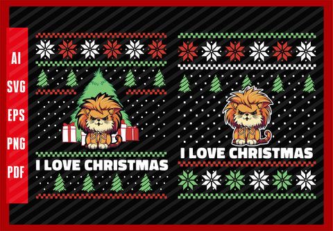 Cats a Lion Funny Animal Lover Design, I Love Christmas T-Shirt Design Eps, Ai, Png, Svg and Pdf Printable Files