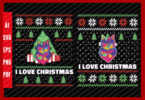 Cat with Heart Cats Pet Lover Design, I Love Christmas T-Shirt Design Eps, Ai, Png, Svg and Pdf Printable Files