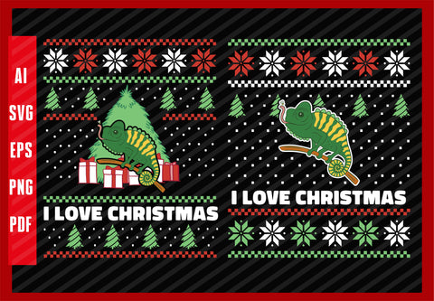 Chameleon Animal Anatomy Graphic, I Love Christmas T-Shirt Design Eps, Ai, Png, Svg and Pdf Printable Files