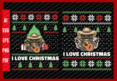 Cinco De Mayo Funny Mexican Cat with Guitar Design, I Love Christmas T-Shirt Design Eps, Ai, Png, Svg and Pdf Printable Files
