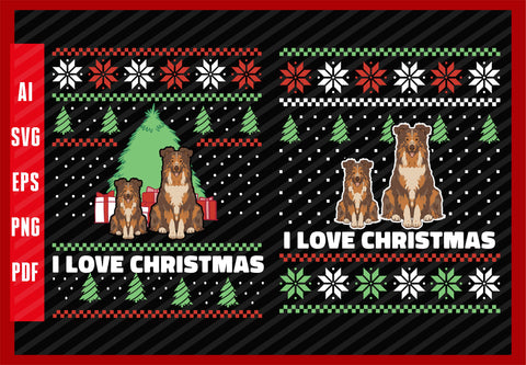 Collie Dog Lover Parent Dad Mom and Son Daughter, Dog Lover, I Love Christmas T-Shirt Design Eps, Ai, Png, Svg and Pdf Printable Files