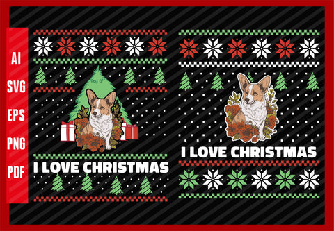 Corgi Dog Flowers Dog Pets and Flower Gardening Lover Design, Dog Lover, I Love Christmas T-Shirt Design Eps, Ai, Png, Svg and Pdf Printable Files