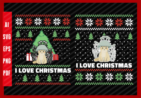 Cottagecore Aesthetic Cat with Mushroom Hat, I Love Christmas T-Shirt Design Eps, Ai, Png, Svg and Pdf Printable Files