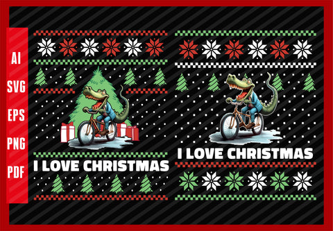 Crocodile Animals Riding Bicycle Funny Design, I Love Christmas T-Shirt Design Eps, Ai, Png, Svg and Pdf Printable Files