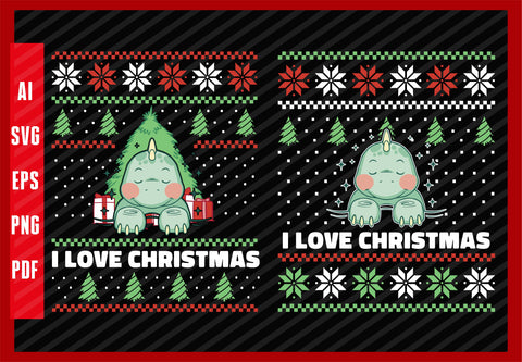 Cute Baby Dinosaur-Animal Sleeping Design, I Love Christmas T-Shirt Design Eps, Ai, Png, Svg and Pdf Printable Files