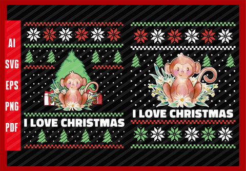 Cute Baby Monkey Animal Design, I Love Christmas T-Shirt Design Eps, Ai, Png, Svg and Pdf Printable Files