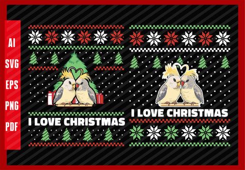 Cute Birds Lovely Together Parrots Lover Valentine Design, I Love Christmas T-Shirt Design Eps, Ai, Png, Svg and Pdf Printable Fi