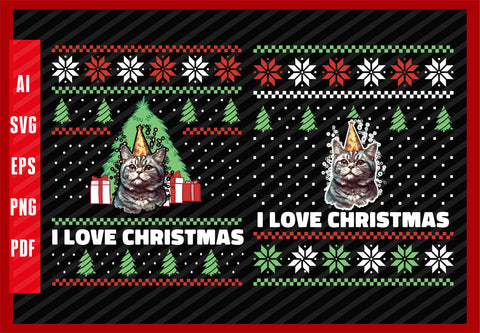 Cute Cat Birthday Cats Animal Lover Design, I Love Christmas T-Shirt Design Eps, Ai, Png, Svg and Pdf Printable Files