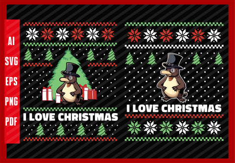 Cute Elegant Platypus Animal Lover Design, I Love Christmas T-Shirt Design Eps, Ai, Png, Svg and Pdf Printable Files
