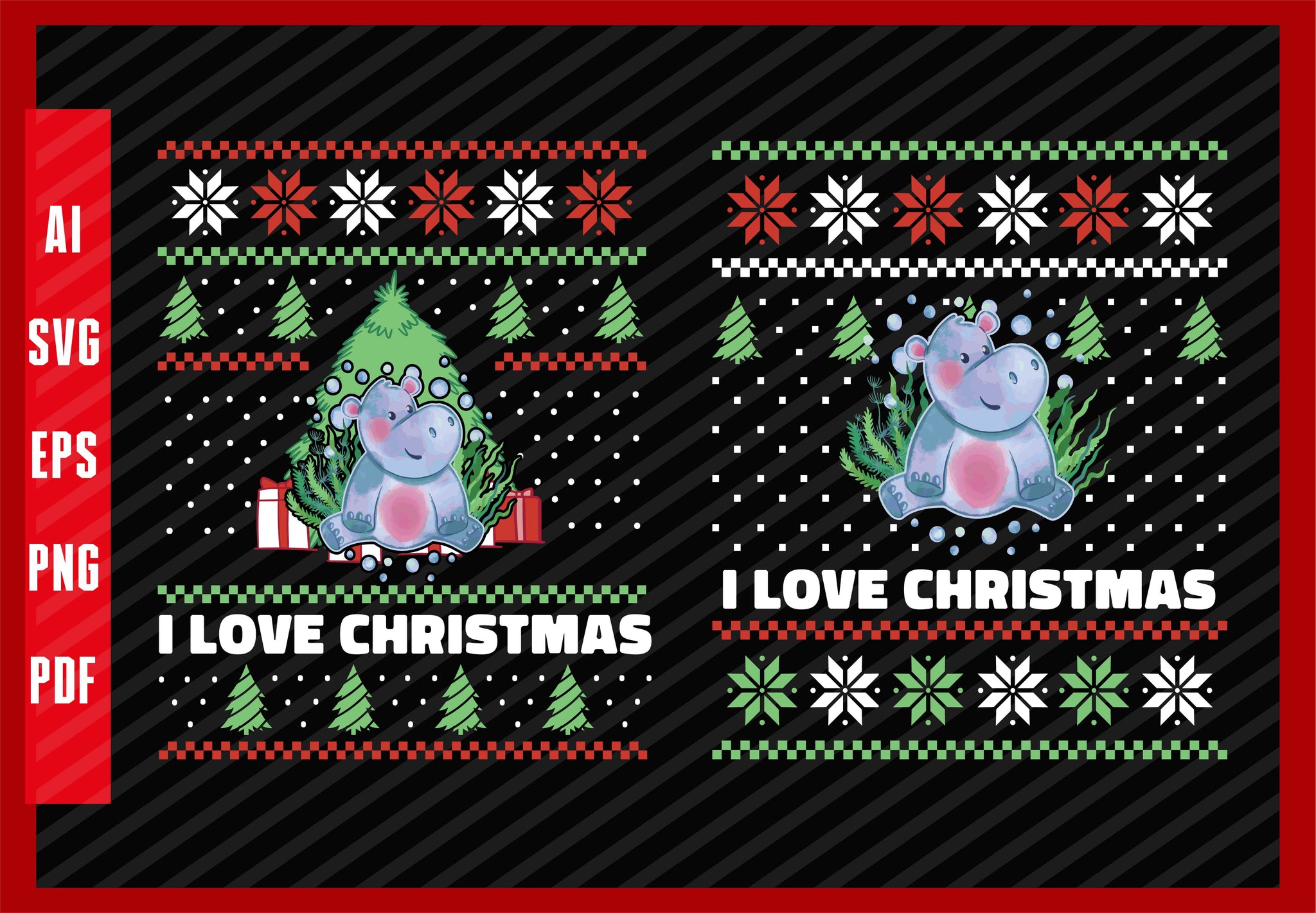 Cute Hippo Baby Animal Design, I Love Christmas T-Shirt Design Eps, Ai, Png, Svg and Pdf Printable Files