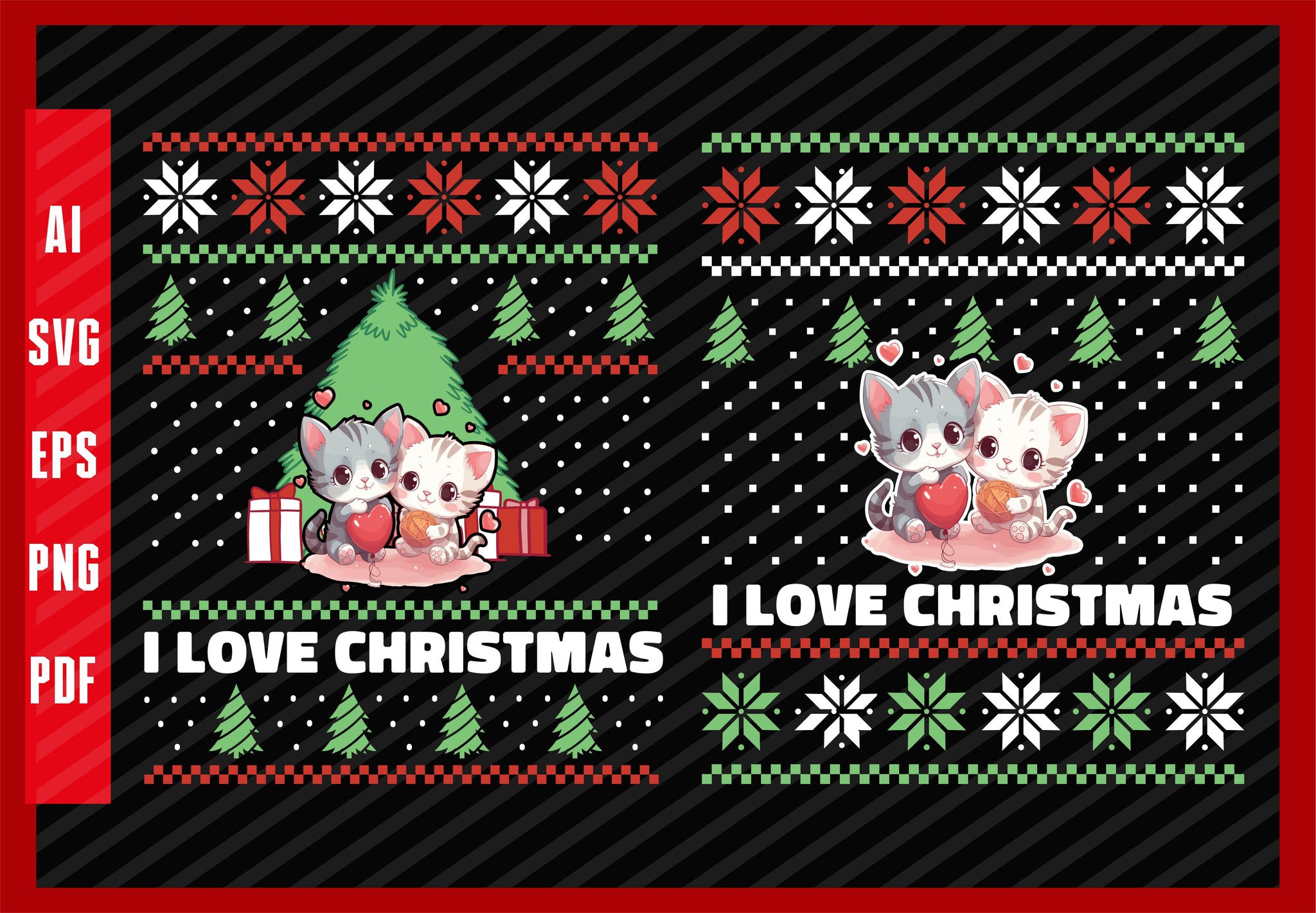 Cute Kittens Hearts Knitting Wool Ball Cats Lover Design, I Love Christmas T-Shirt Design Eps, Ai, Png, Svg and Pdf Printable Files
