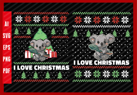Cute Koala Australian Animal Eucalyptus Design, I Love Christmas T-Shirt Design Eps, Ai, Png, Svg and Pdf Printable Files