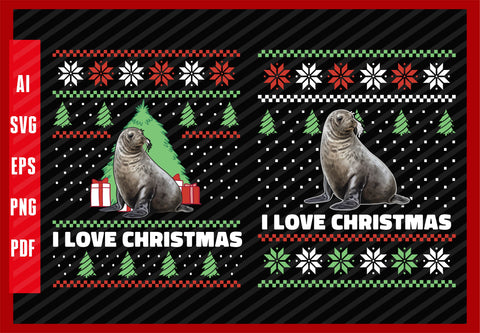 Cute Seal for Men Women Kids Pinniped Sea Lion Seal Animal, I Love Christmas T-Shirt Design Eps, Ai, Png, Svg and Pdf Printable Files