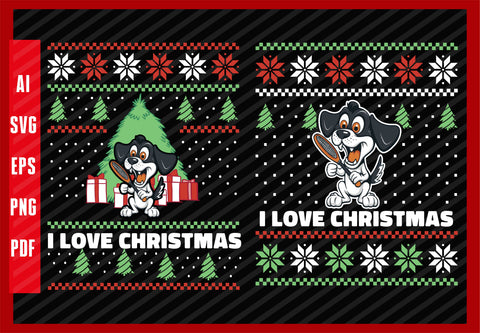 Dog Holding Tennis Racket Funny Sports Lover Design, Dog Lover, I Love Christmas T-Shirt Design Eps, Ai, Png, Svg and Pdf Printable Files