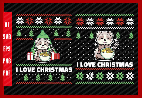 Ferret Eating Ramen Food and Animals Lover Design, I Love Christmas T-Shirt Design Eps, Ai, Png, Svg and Pdf Printable Files