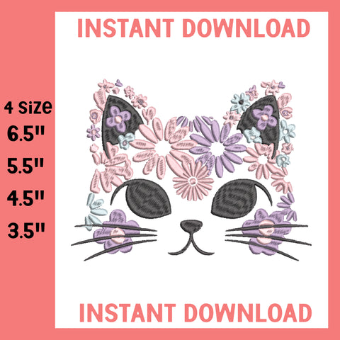 Flower Pattern Cat Face Machine Embroidery Digital, Machine Embroidery Design, 4 File sizes- Instant Download