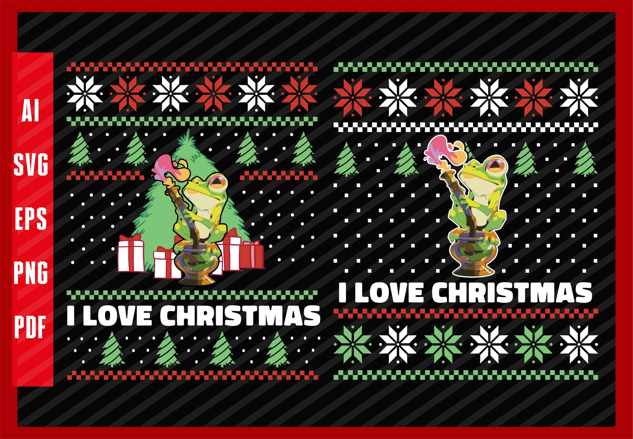 Frog Animals Smoking Funny Design, I Love Christmas T-Shirt Design Eps, Ai, Png, Svg and Pdf Printable Files