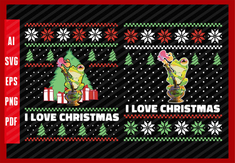 Frog Animals Smoking Funny Design, I Love Christmas T-Shirt Design Eps, Ai, Png, Svg and Pdf Printable Files