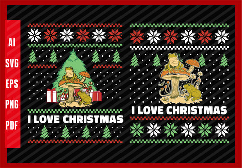 Frogs Sitting and Mushrooms Nature Graphic, I Love Christmas T-Shirt Design Eps, Ai, Png, Svg and Pdf Printable Files