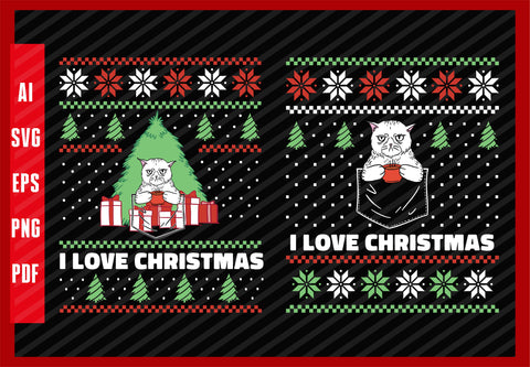 Funny Angry Cat with Coffee in Pocket Cats, I Love Christmas T-Shirt Design Eps, Ai, Png, Svg and Pdf Printable Files