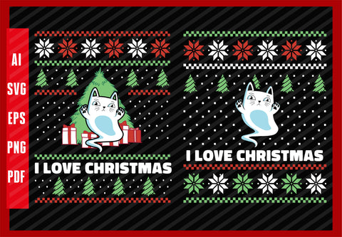 Funny Cat Ghost Animal Halloween Design, I Love Christmas T-Shirt Design Eps, Ai, Png, Svg and Pdf Printable Files