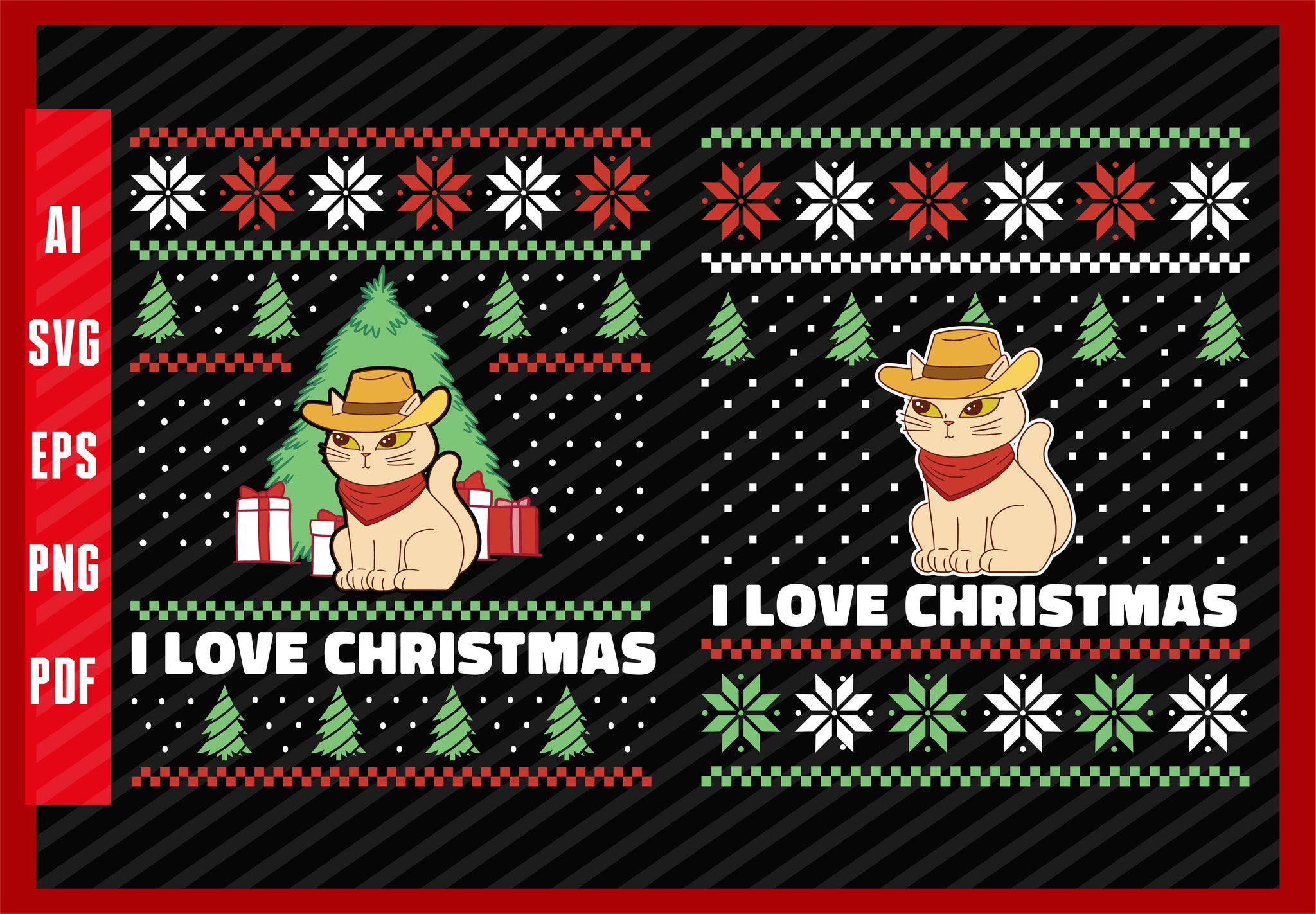 Funny Cat with Hat Cow Boy Funny Pet Animals Lover Design, I Love Christmas T-Shirt Design Eps, Ai, Png, Svg and Pdf Printable Files