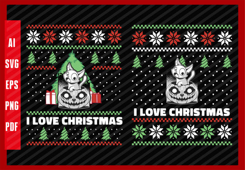 Funny Crazy Cat Halloween Design, I Love Christmas T-Shirt Design Eps, Ai, Png, Svg and Pdf Printable Files