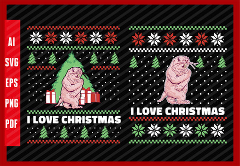Funny Mole Rat Animal Design, I Love Christmas T-Shirt Design Eps, Ai, Png, Svg and Pdf Printable Files