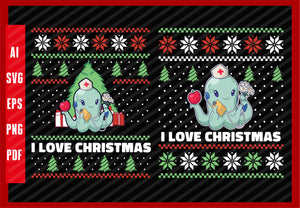 Funny Octopus Sea Animal Cute Nurse, I Love Christmas T-Shirt Design Eps, Ai, Png, Svg and Pdf Printable Files