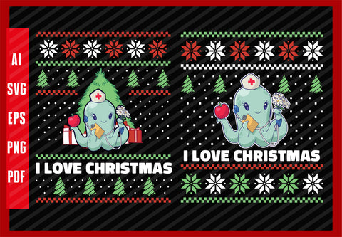 Funny Octopus Sea Animal Cute Nurse, I Love Christmas T-Shirt Design Eps, Ai, Png, Svg and Pdf Printable Files