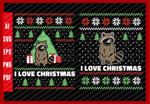 Funny Racoon Animals Lover Design, I Love Christmas T-Shirt Design Eps, Ai, Png, Svg and Pdf Printable Files