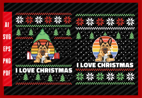 German Shepherd Dog Drinking Coffee, Dog Lover, I Love Christmas T-Shirt Design Eps, Ai, Png, Svg and Pdf Printable Files