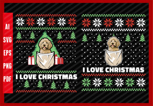 Goldendoodle Dog in Pocket Funny Design, Dog Lover, I Love Christmas T-Shirt Design Eps, Ai, Png, Svg and Pdf Printable Files