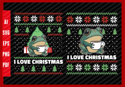 Good Morning Funny Frog Drinking Coffee, I Love Christmas T-Shirt Design Eps, Ai, Png, Svg and Pdf Printable Files