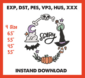 Halloween Scary Machine Embroidery Digiting Design, 4 File sizes- Instant Download