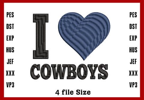 I Love Dallas Cowboys Embroidery Design, Dallas Cowboys NFL football embroidery, Machine Embroidery Design, 4 File sizes- Instant Download & PDF File