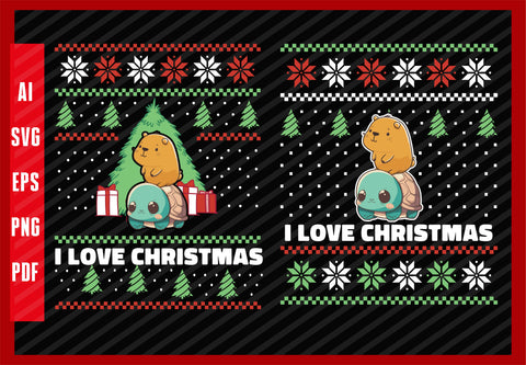Kawaii Cute Turtle and Capybara Funny Design, I Love Christmas T-Shirt Design Eps, Ai, Png, Svg and Pdf Printable Files