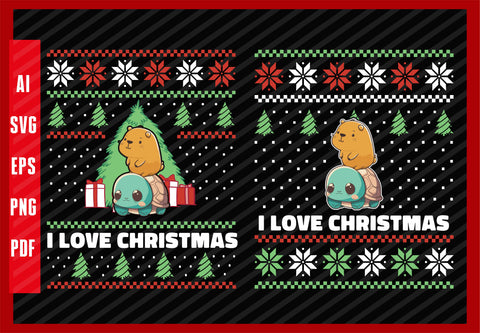 Kawaii Cute Turtle and Capybara Funny Design, I Love Christmas T-Shirt Design Eps, Ai, Png, Svg and Pdf Printable Files