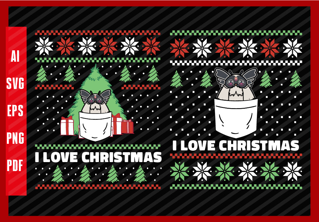Kawaii Moth Insect in Pocket Funny Design, Kawaii Lover, I Love Christmas T-Shirt Design Eps, Ai, Png, Svg and Pdf Printable Files