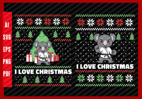 Koala Animal Doing Karate Lover Funny Design, I Love Christmas T-Shirt Design Eps, Ai, Png, Svg and Pdf Printable Files