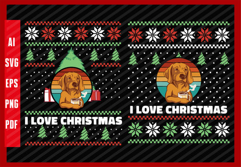 Lab-Retriever Dog Drinking Coffee Retro Design, Dog Lover, I Love Christmas T-Shirt Design Eps, Ai, Png, Svg and Pdf Printable Files
